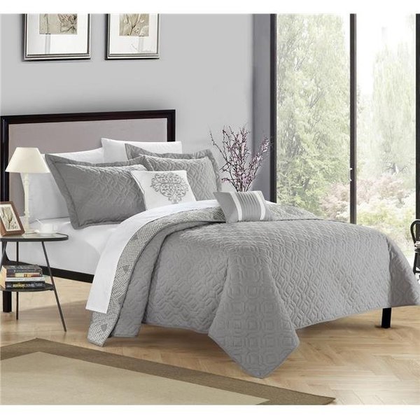 Chic Home Chic Home QS4246-US 5 Piece Waneta Hexagon Quilted Embroidered with Contemporary Reversible Printed Backside Queen Quilt Set; Grey QS4246-US